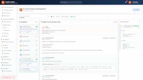 Live Agent Orchestration - Real-time communication feed showing agent findings (critical issues, high priority items), tool executions, and environmental data analysis.